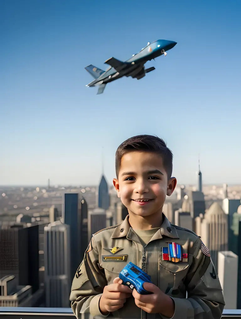 Air Force Boy with Toy Jet and City Skyline