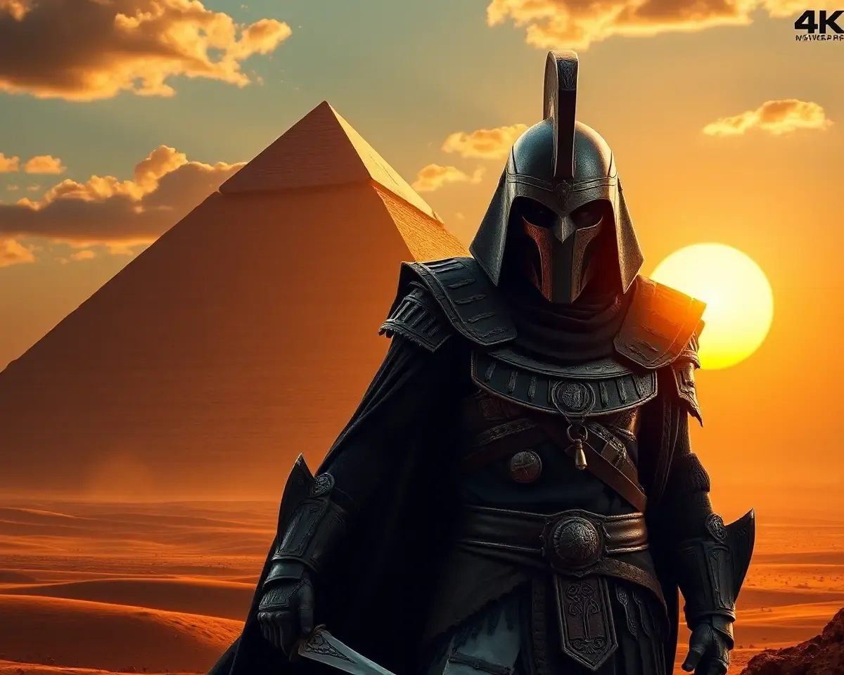 Ancient Egyptian Warrior in Front of Pyramid Wallpaper 4K