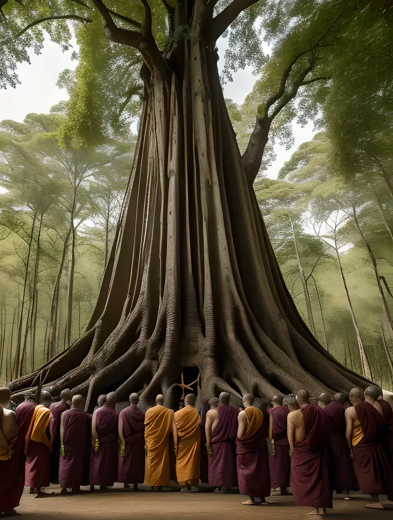 Ancient Tree with Buddhist Monks and Carvings