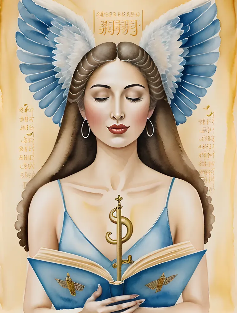 Angel Blows Trumpet Amidst Ancient Texts and Symbols