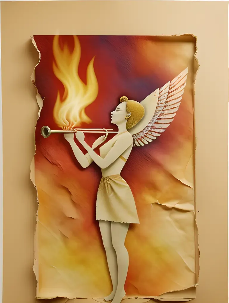 Angel Blows Trumpet with Torn Paper and Flames