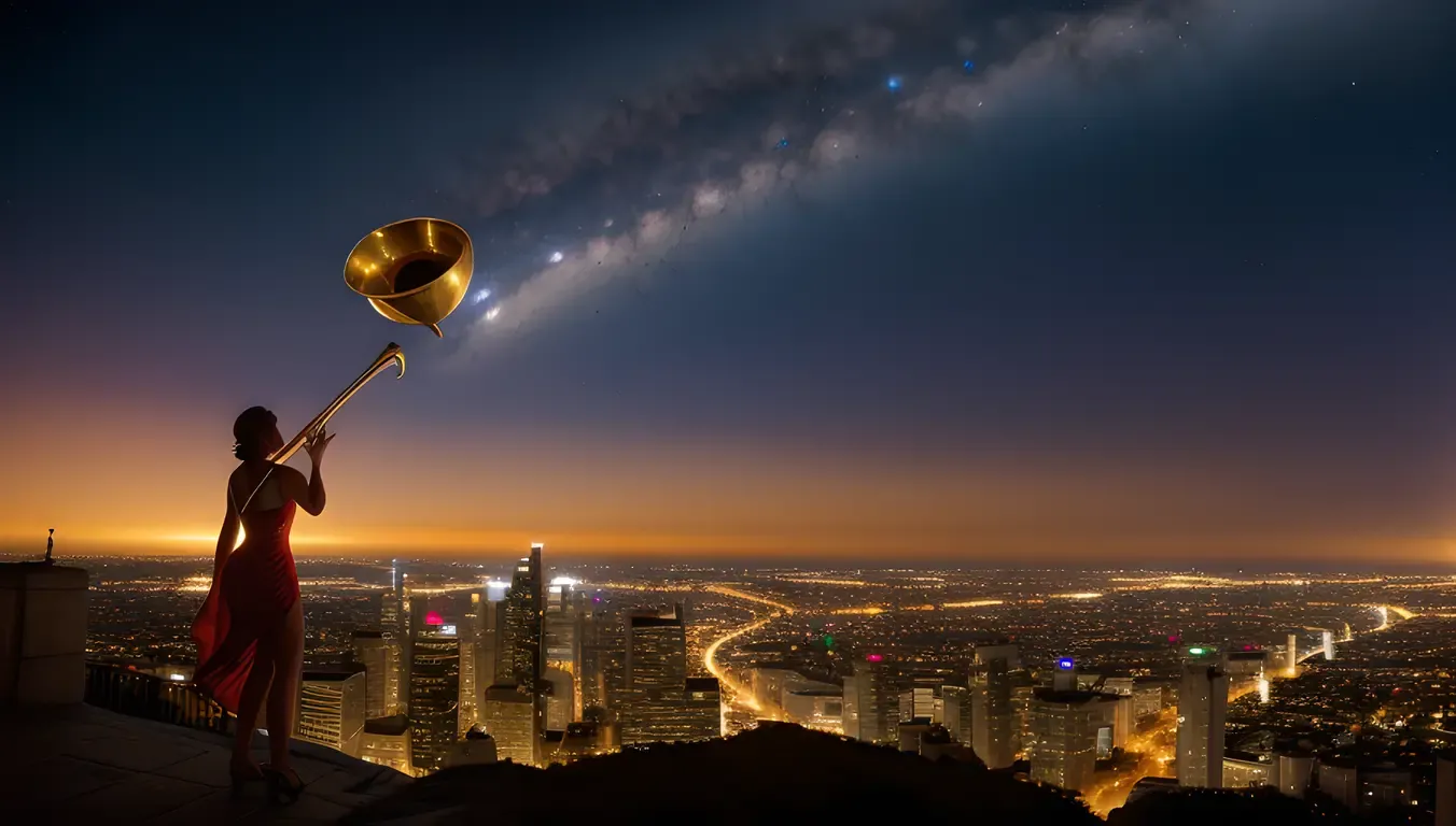 Angel Descends with Trumpet and Trail of Glittering Stars