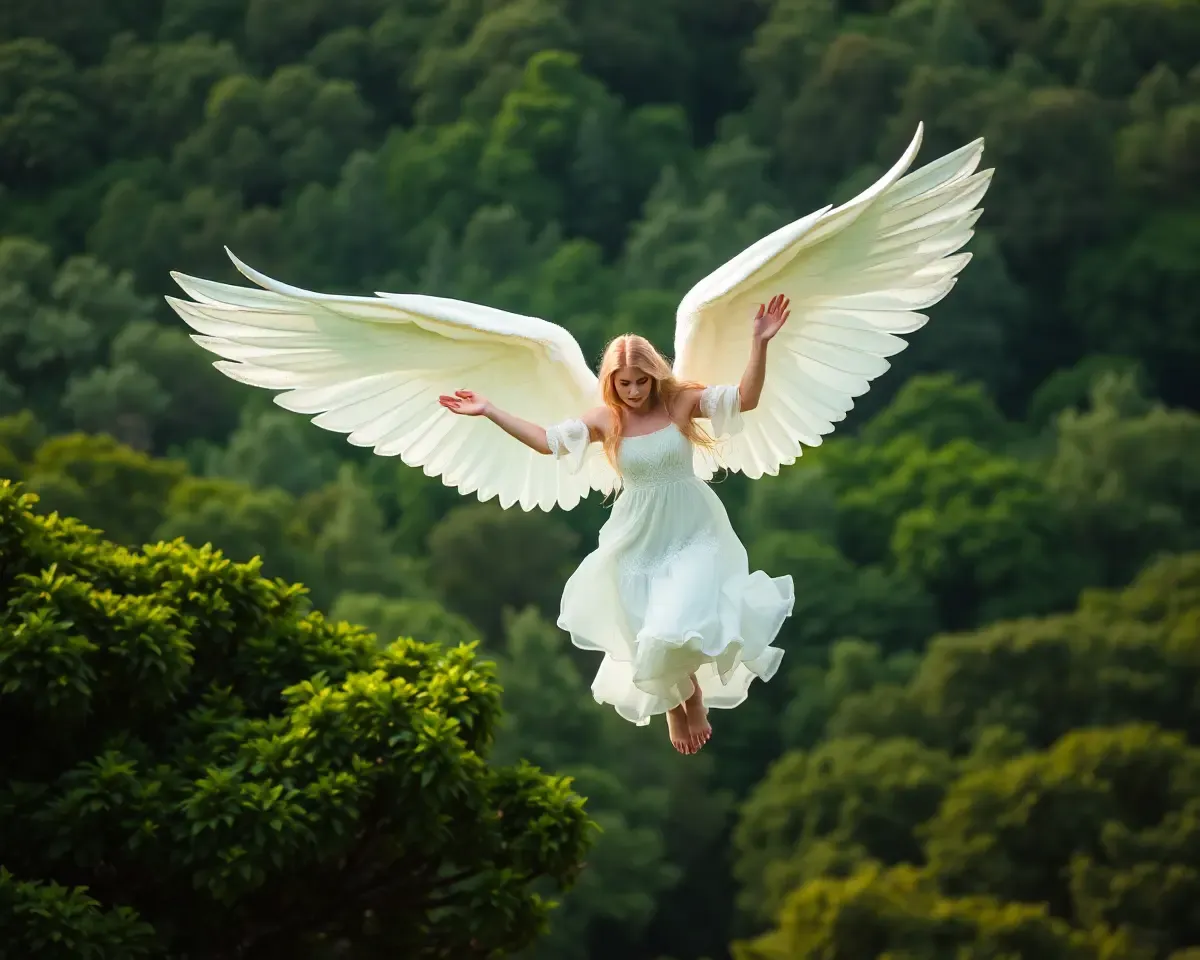 Angel Hovering Over Lush Green Forest