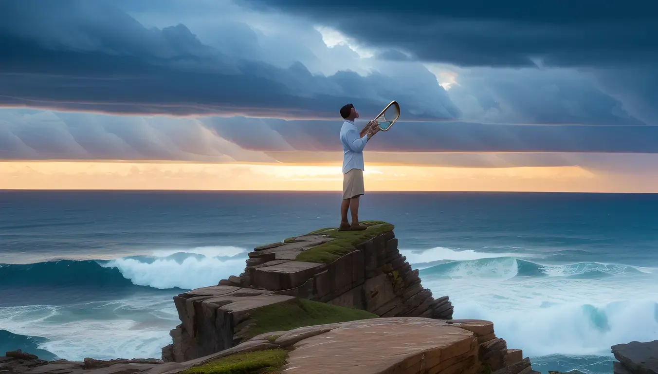Angel Trumpet Overlooks Vast Ocean with Stormy Sea