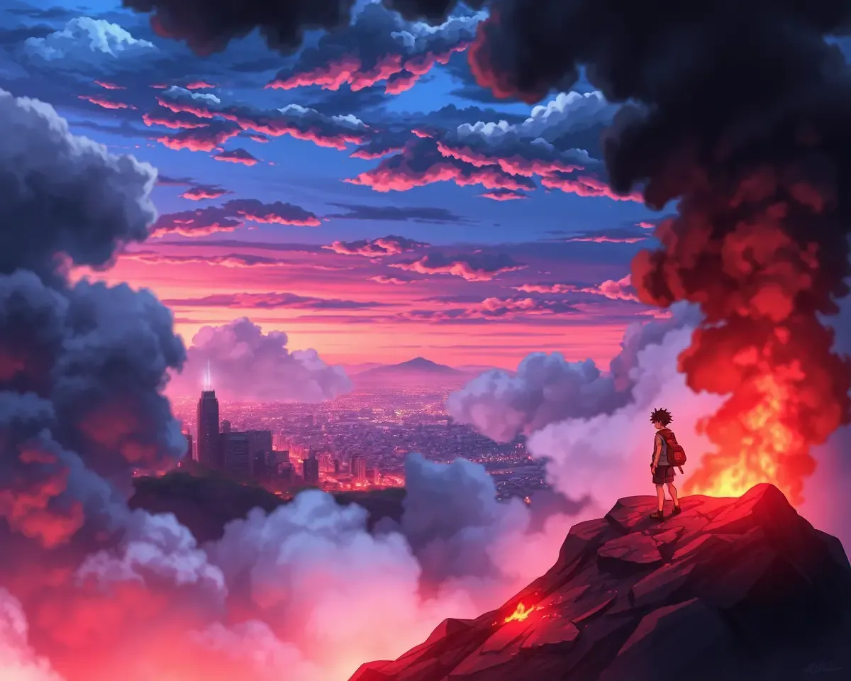 Anime Character on Mountain Peak with Flames