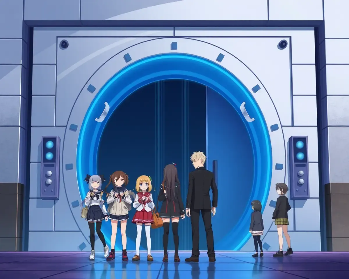 Anime Characters Stand Before Glowing Blue Door in Anime World