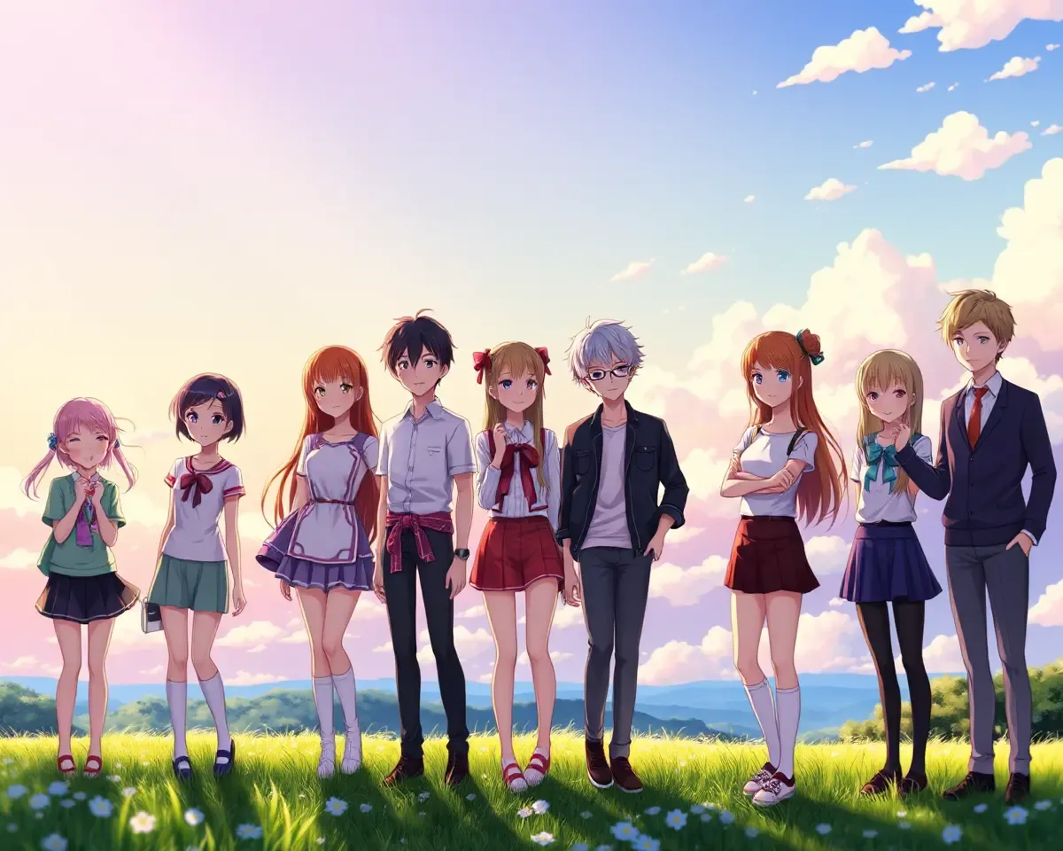 Anime Fanart Wallpaper: Group in Idyllic Setting with Golden Light