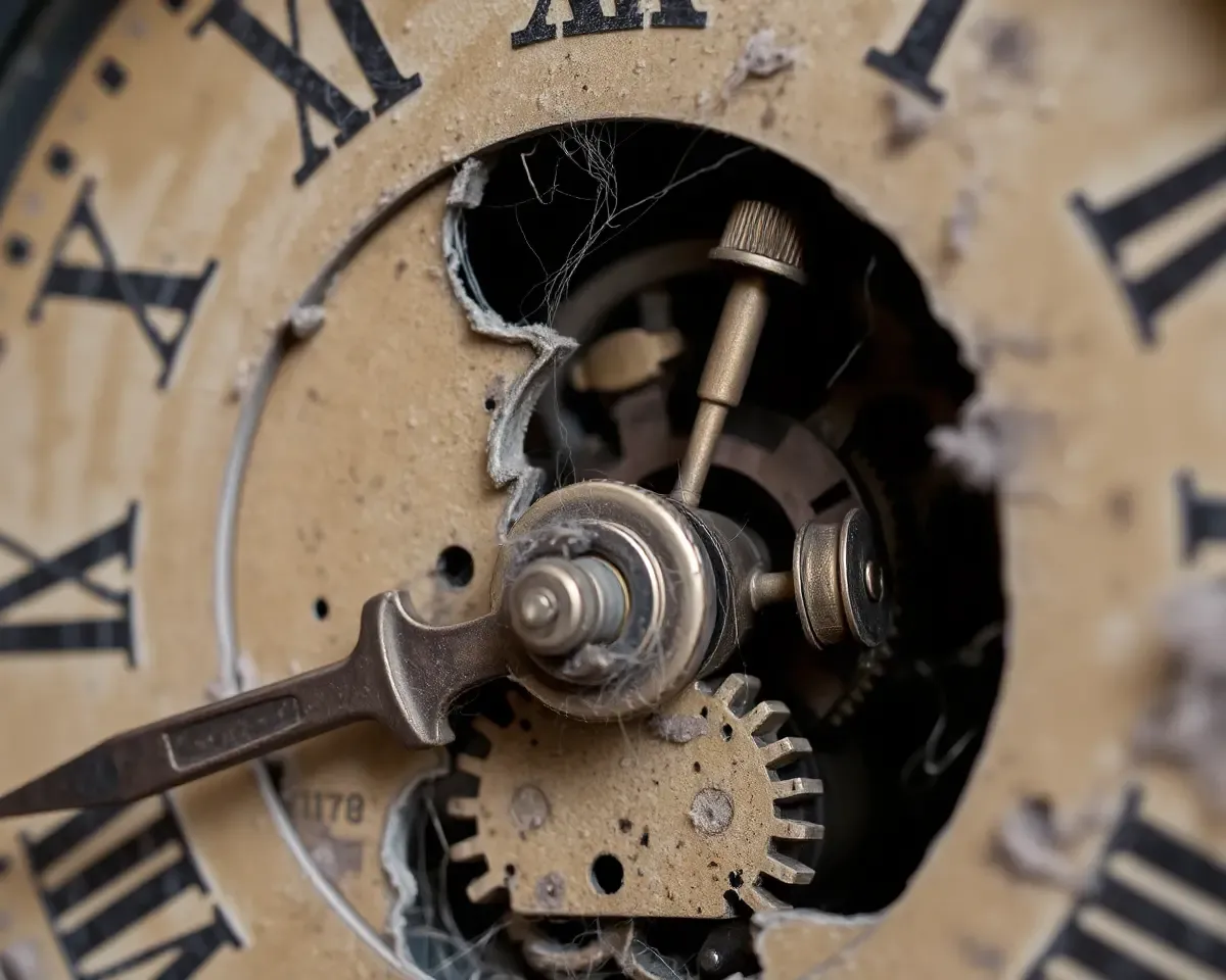 Antique Clock's Vestige of Broken Mechanism with Dust and Cobwebs