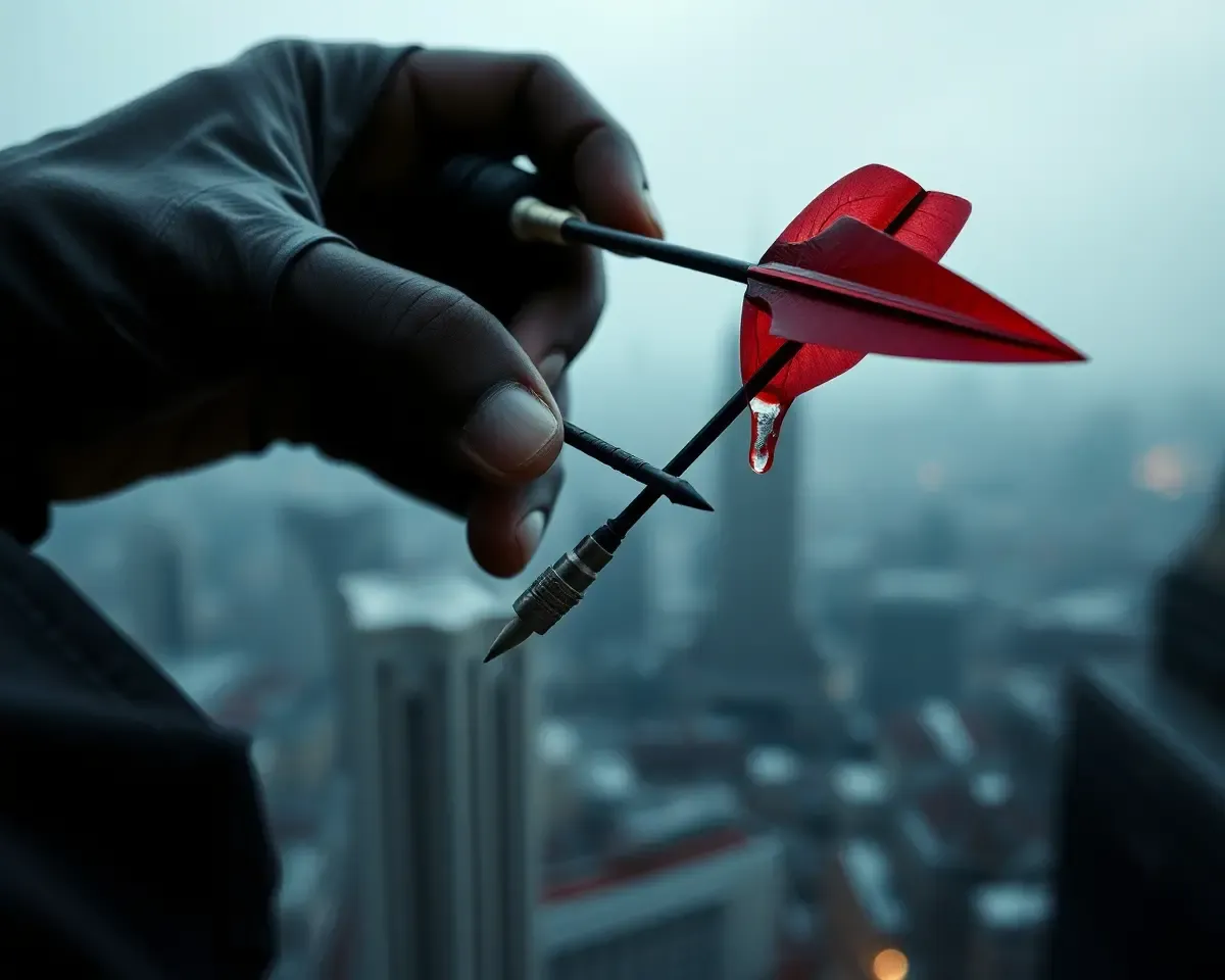 Assassin's Deadly Hand Holds Poison Dart Cityscape