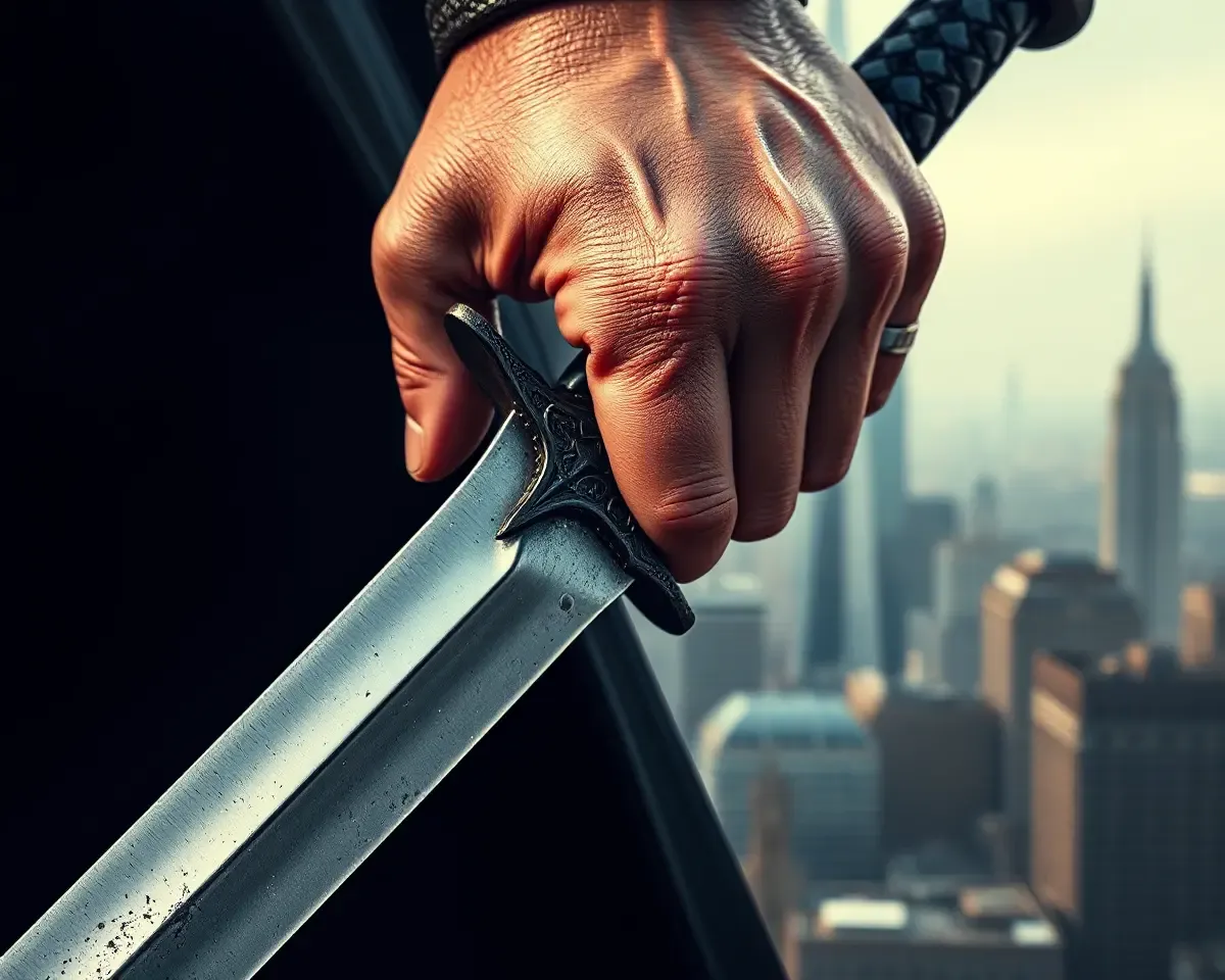 Assassin Holds Sword Cityscape Background