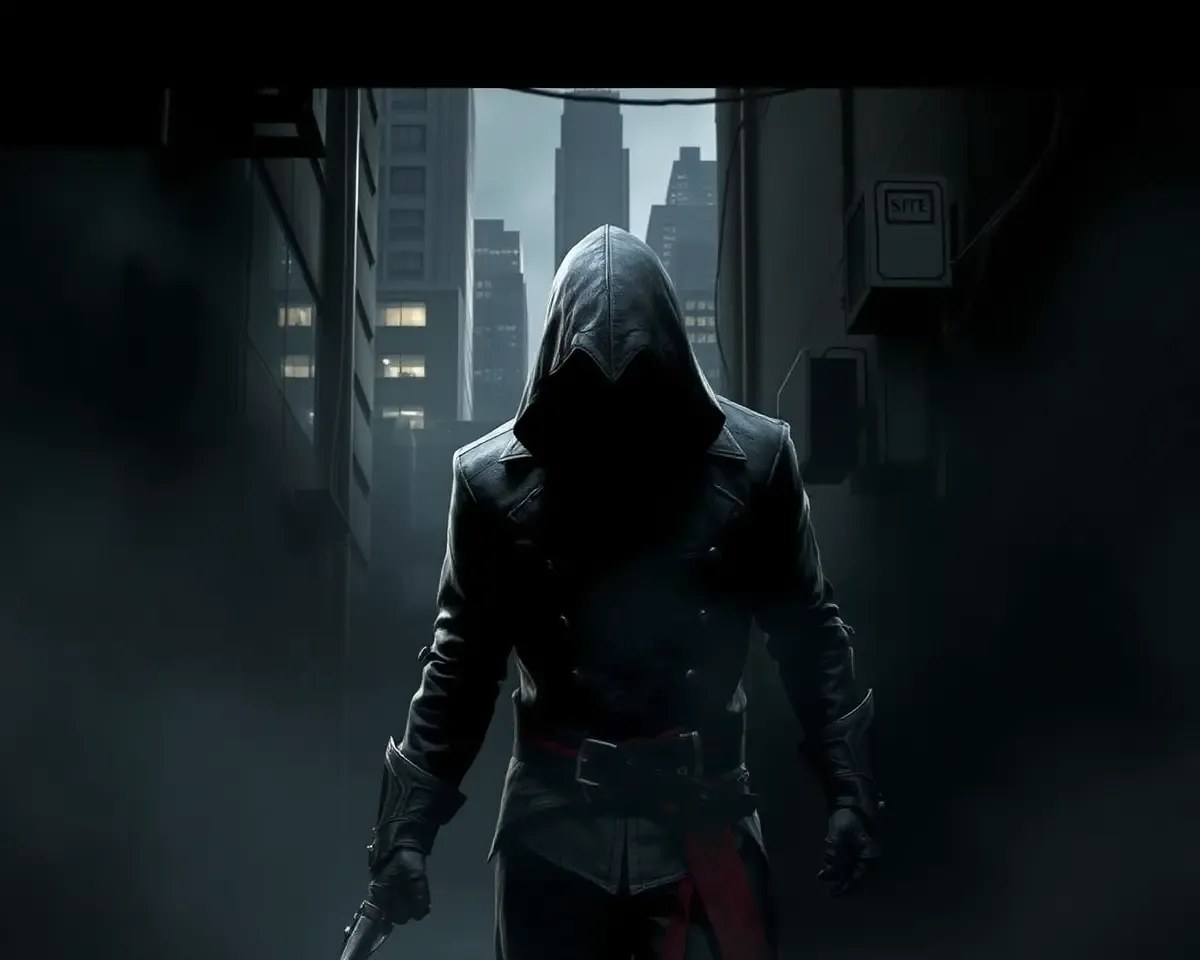 Assassin Lurks in Dark Alleyway Cityscape Background