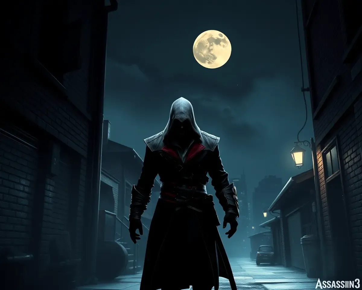 Assassin Stands Dark Alleyway Cityscape Full Moon