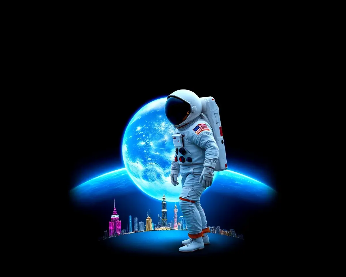 Astronaut Standing in Front of Vibrant Blue Planet Wallpaper
