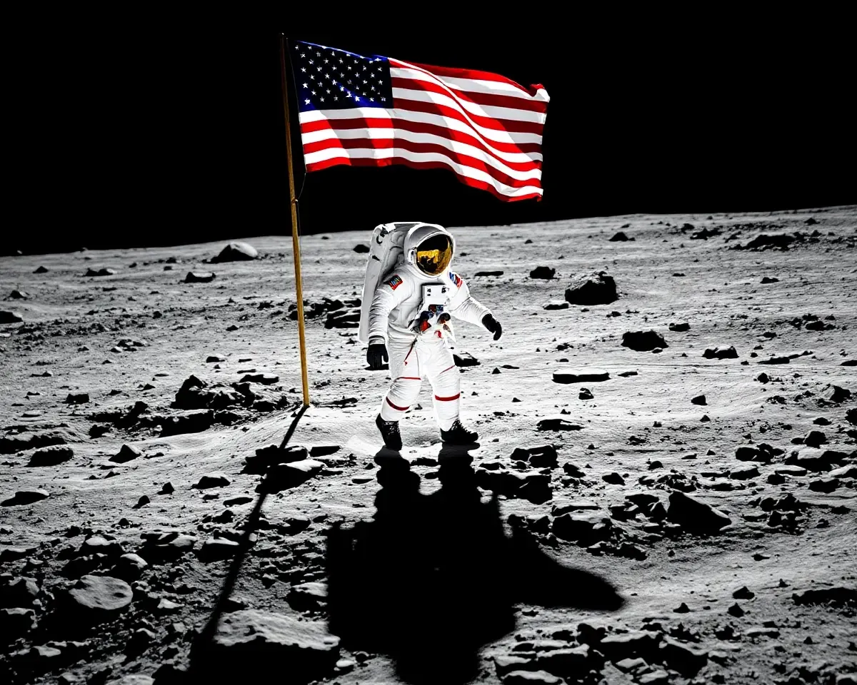 Astronaut Walking on Moon's Surface with American Flag Wallpaper