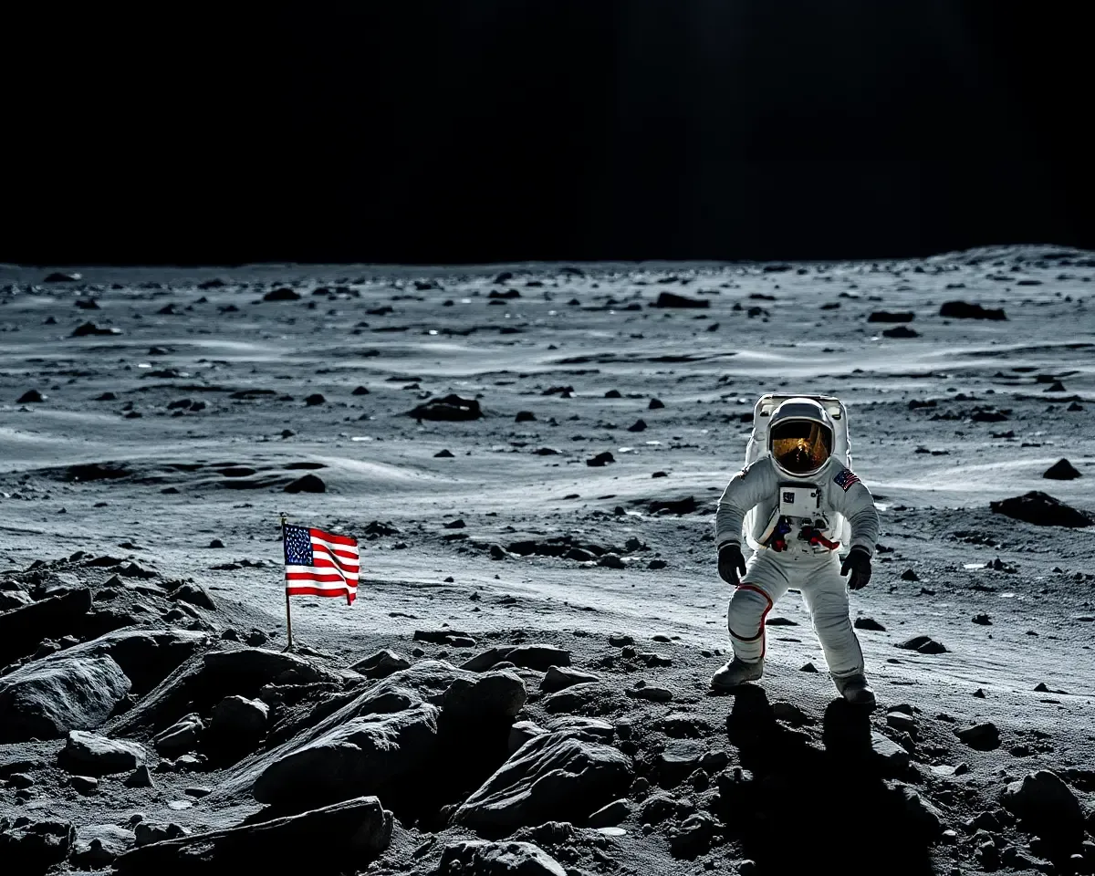 Astronaut Walking on Moon's Surface with Flag