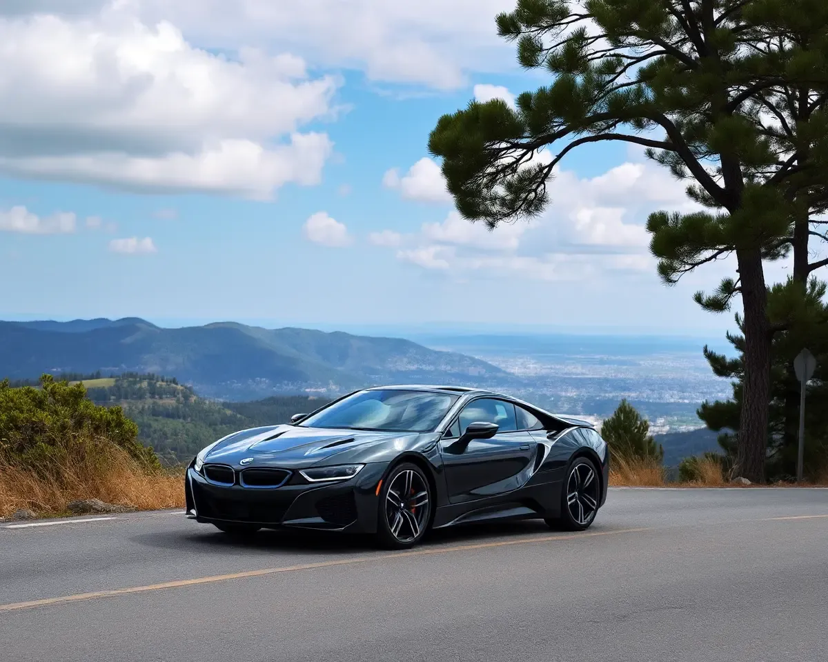 BMW M4 Parked on Mountain Road with City Skyline View