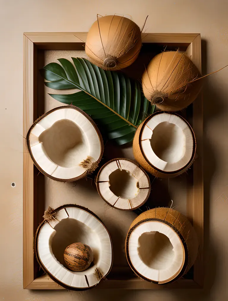 Beautiful Copra Display with Tropical Flowers and Shells