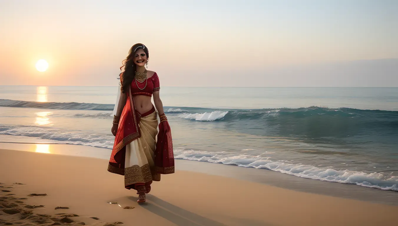 Beautiful Dulhan on Beach at Sunset with Relaxed Smile