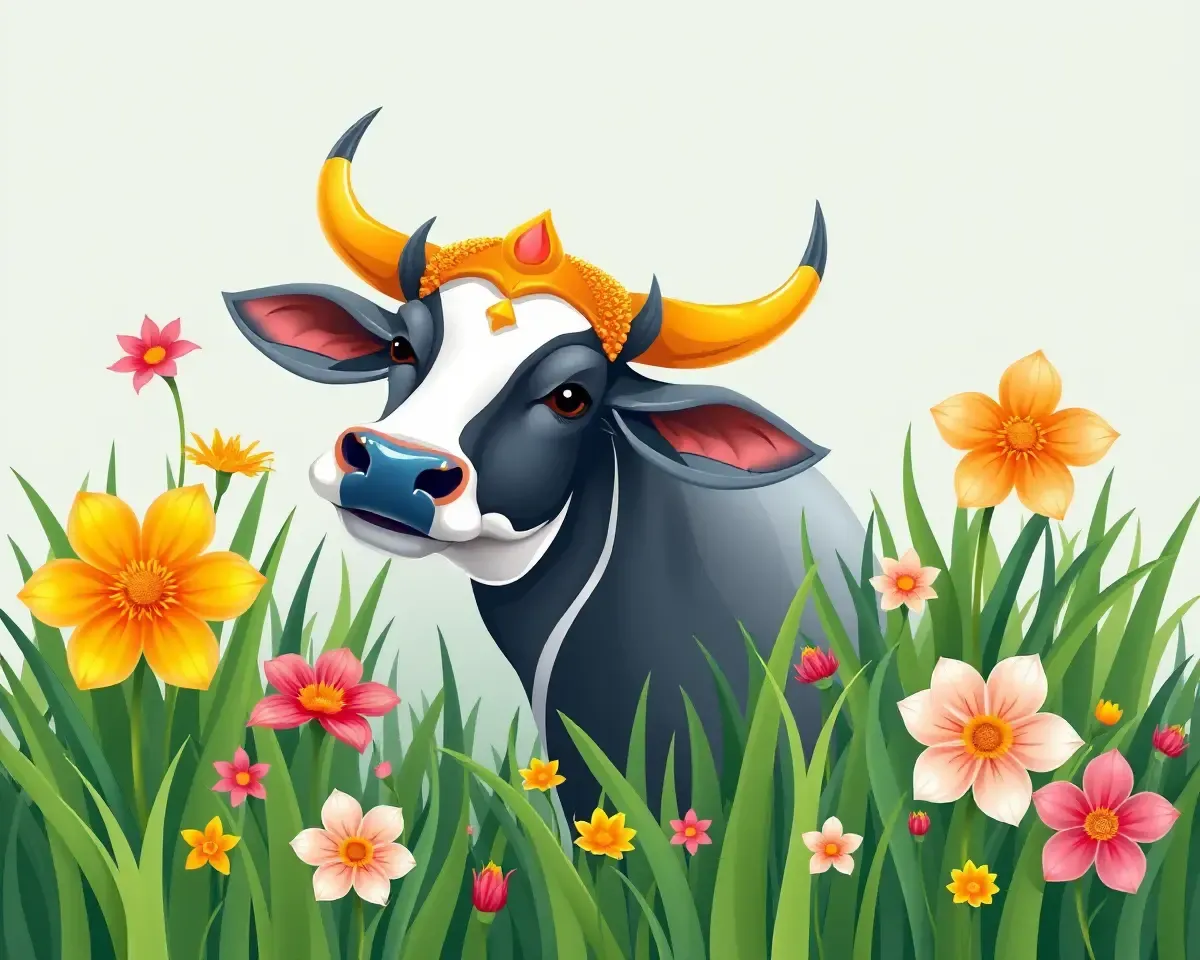 Beautiful Gau Mata Illustration with Lush Green Grass and Flowers