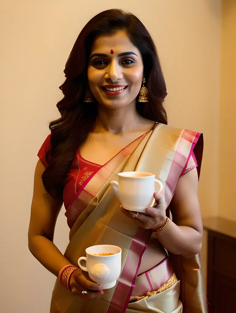Beautiful Indian Bhabhi in Traditional Saree with Chai