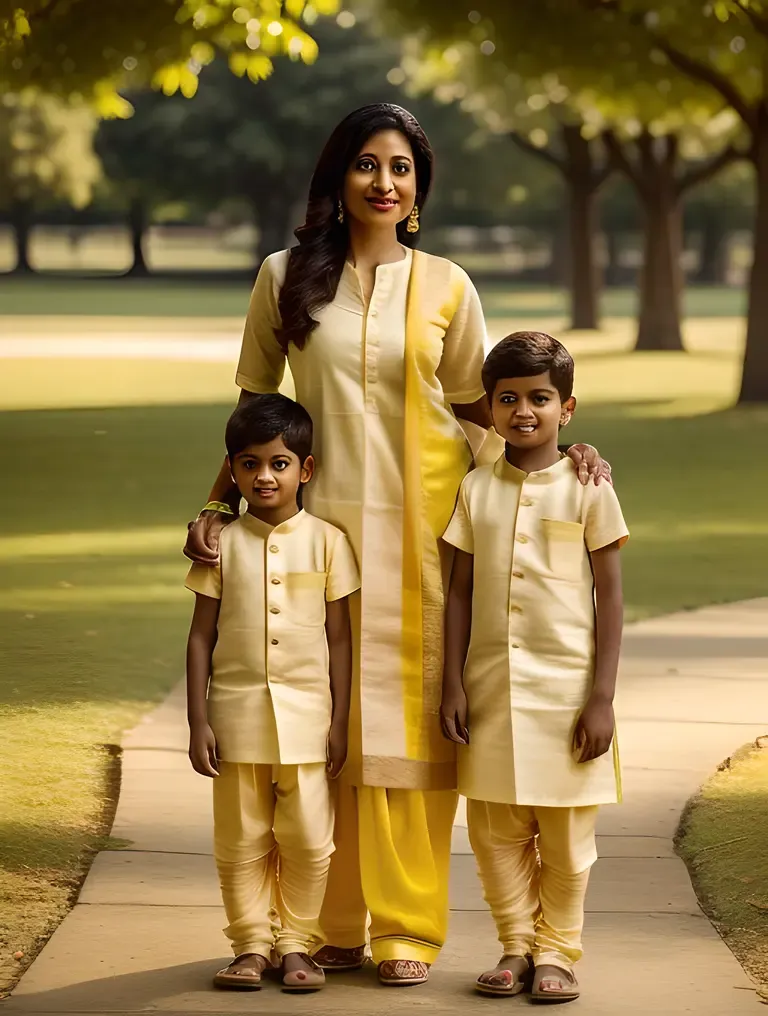 Beautiful Indian Bhabhi in Yellow Salwar Kameez with Children