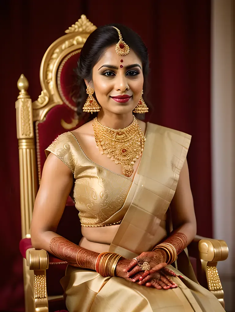 Beautiful Indian Bride in Elegant White and Gold Saree