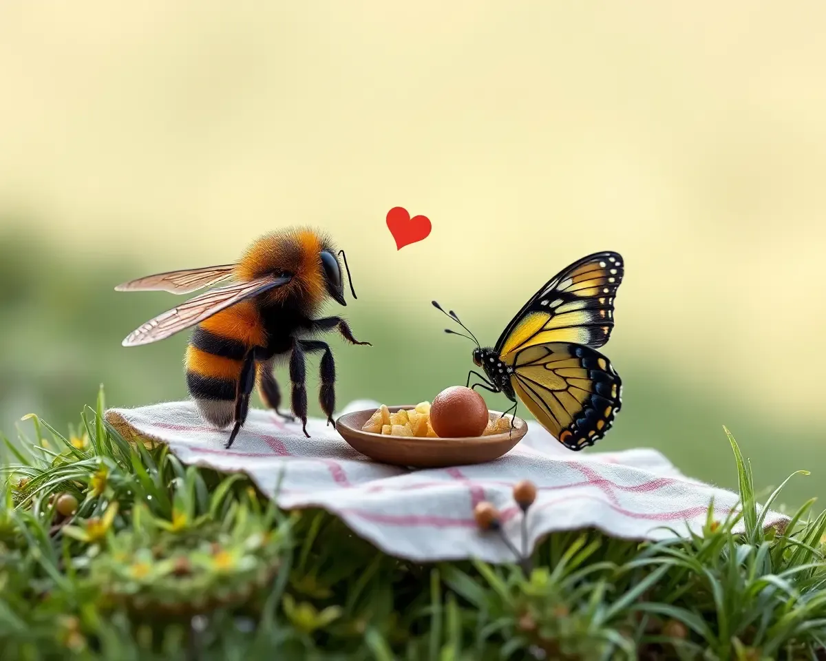 Bee and Butterfly Enjoy Romantic Picnic on Hill