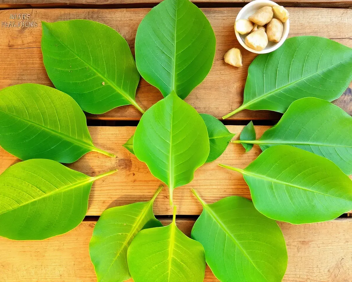 Bel Patra Leaves on Rustic Wooden Table in Decorative Pattern