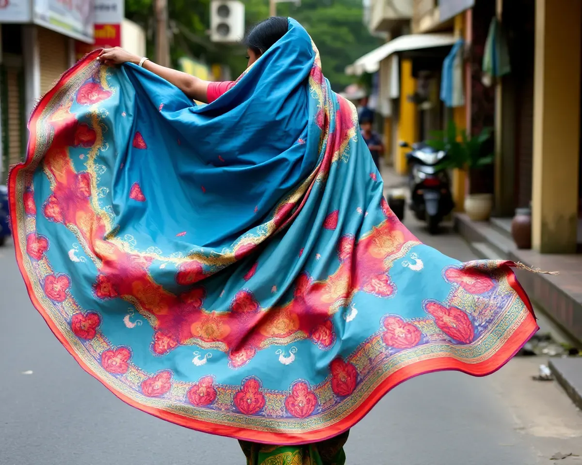 Bengali Woman's Sari Swirls Down the Street
