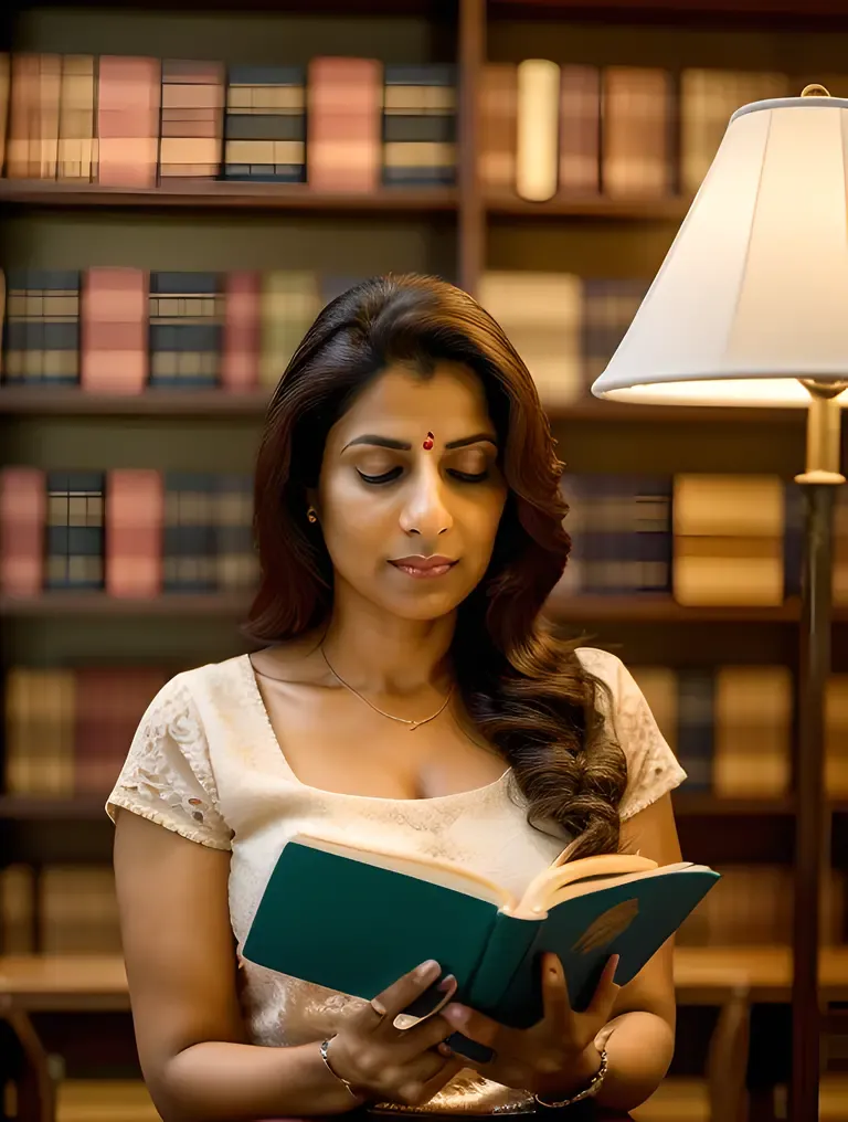 Bhabhi Reading Book in Peaceful Library Setting