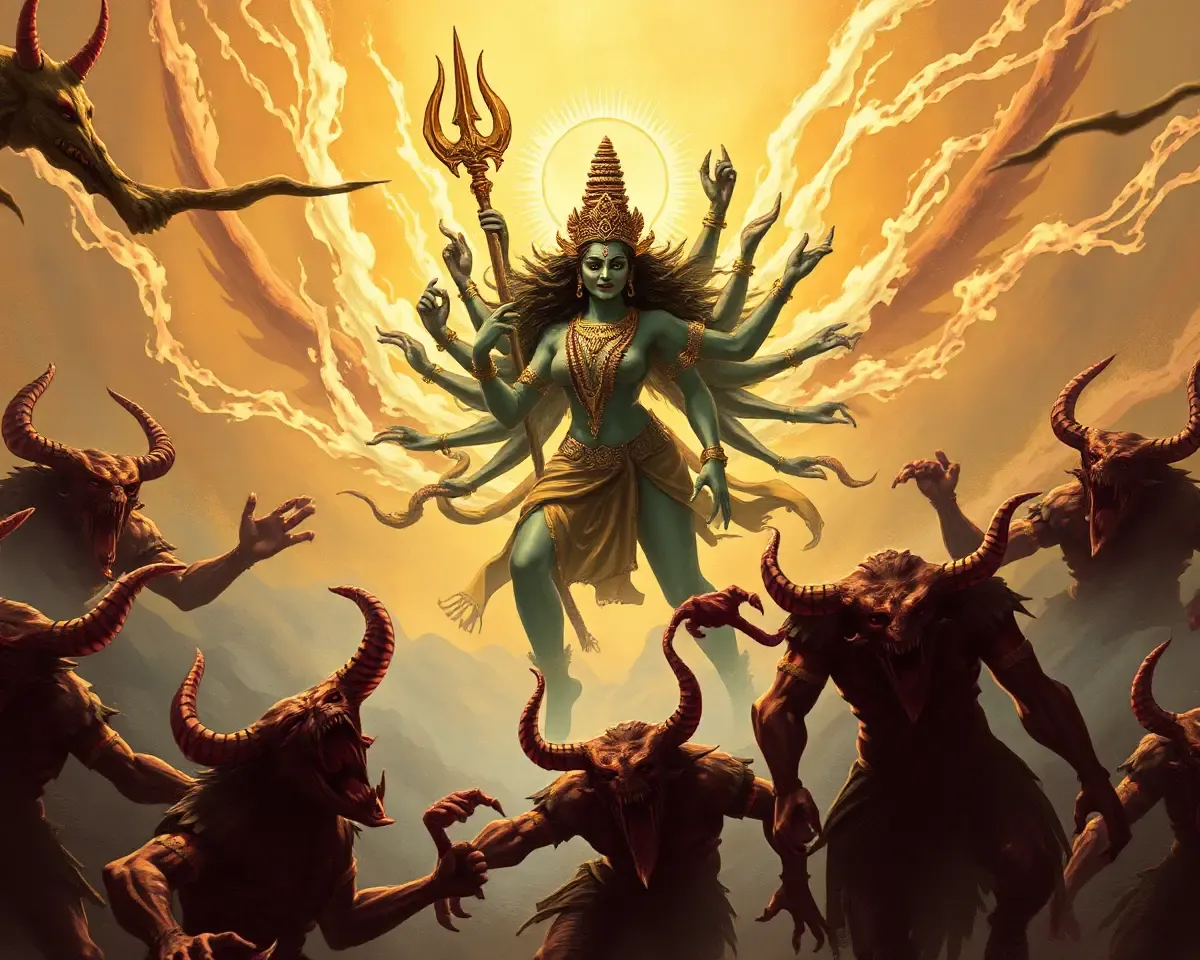 Bhadrakali Wielding Trident Amidst Fleeing Demons