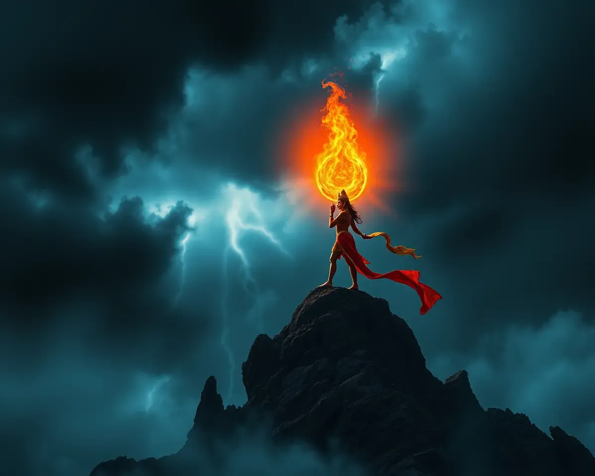 Bhadrakali on Mountain Peak with Fiery Aura