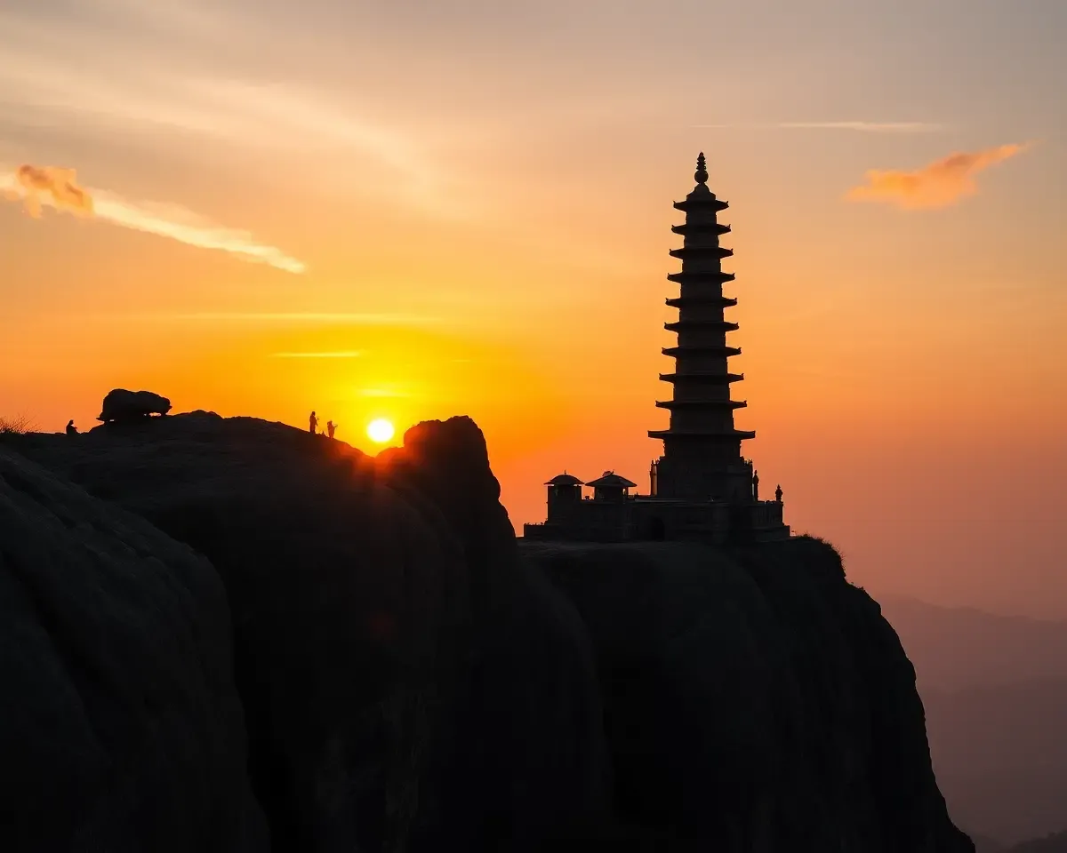Bhala Stands Tall on Rocky Cliffside with Sunset