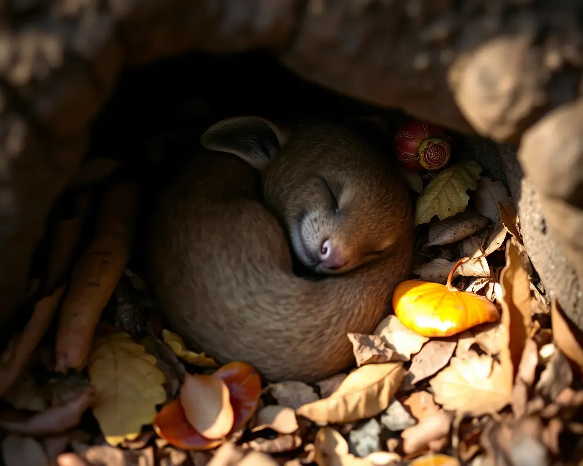 Bhala Takes Cozy Nap in Den Surrounded by Leaves