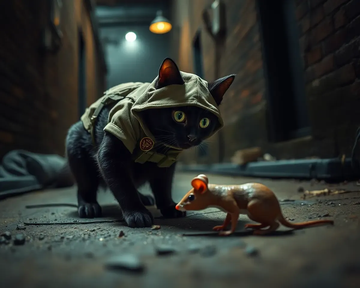 Black Cat Sneaks Up on Toy Mouse in Alleyway