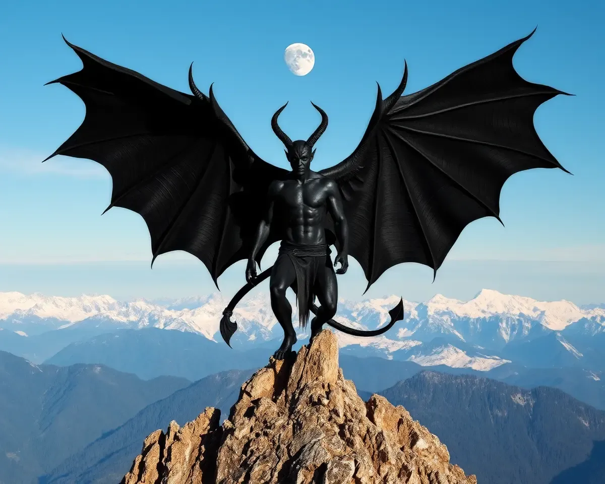 Black Devil on Mountain Peak with Breathtaking Landscape Wallpaper