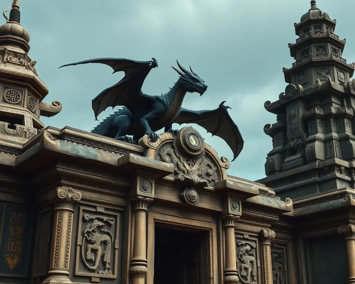 Black Dragon Perches on Ancient Temple with Intricate Carvings