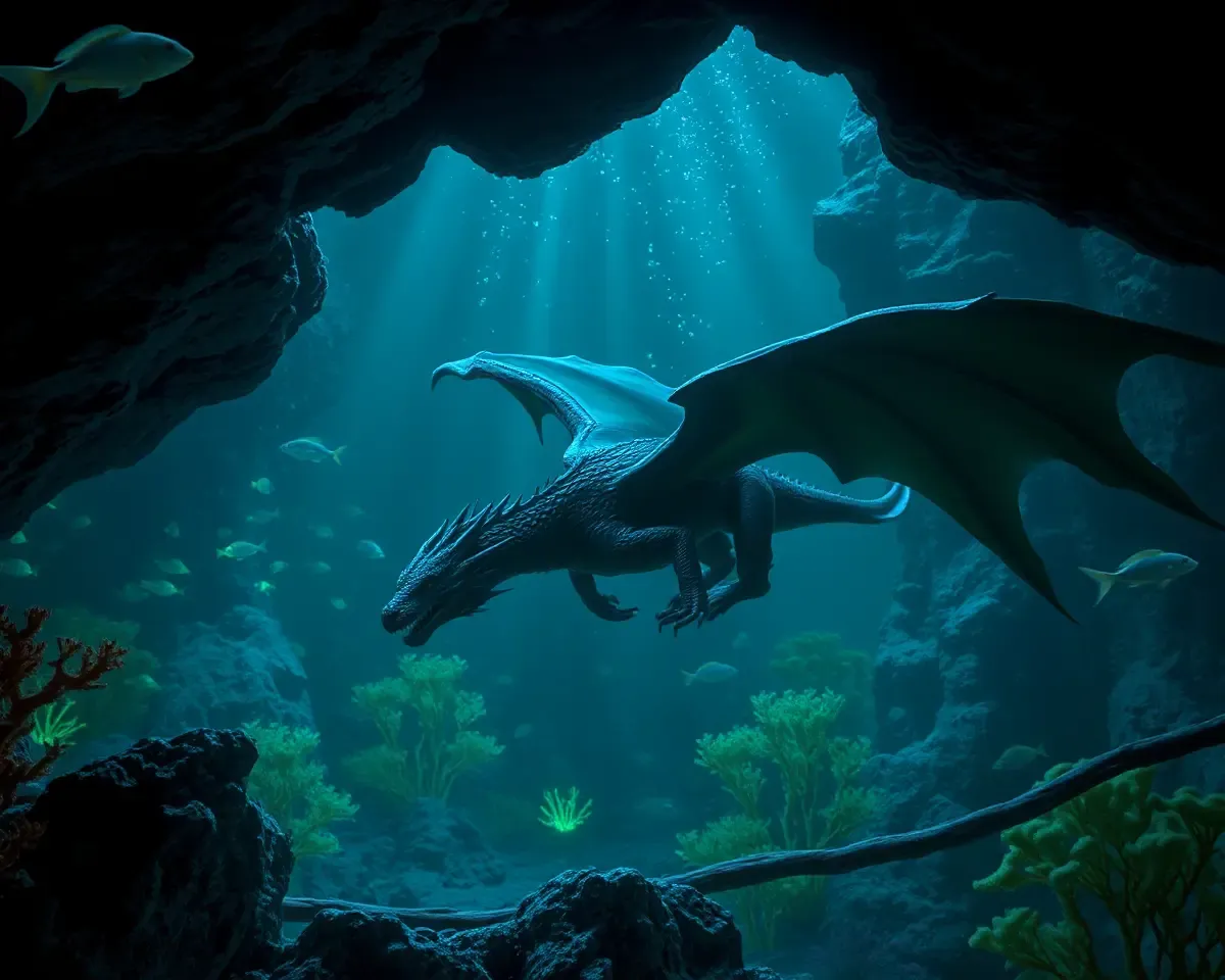 Black Dragon Swims Through Dark Underwater Cavern with Bioluminescent Fish