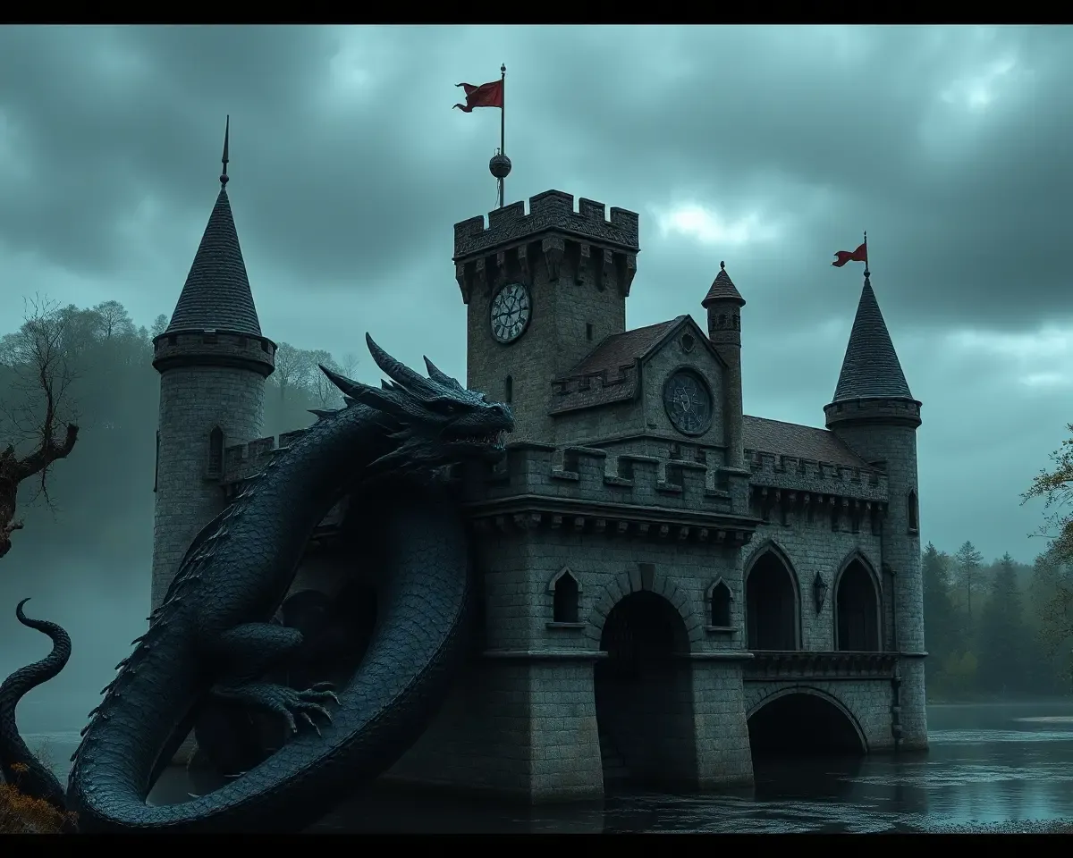 Black Dragon Wraps Around Medieval Castle with Dark Forest