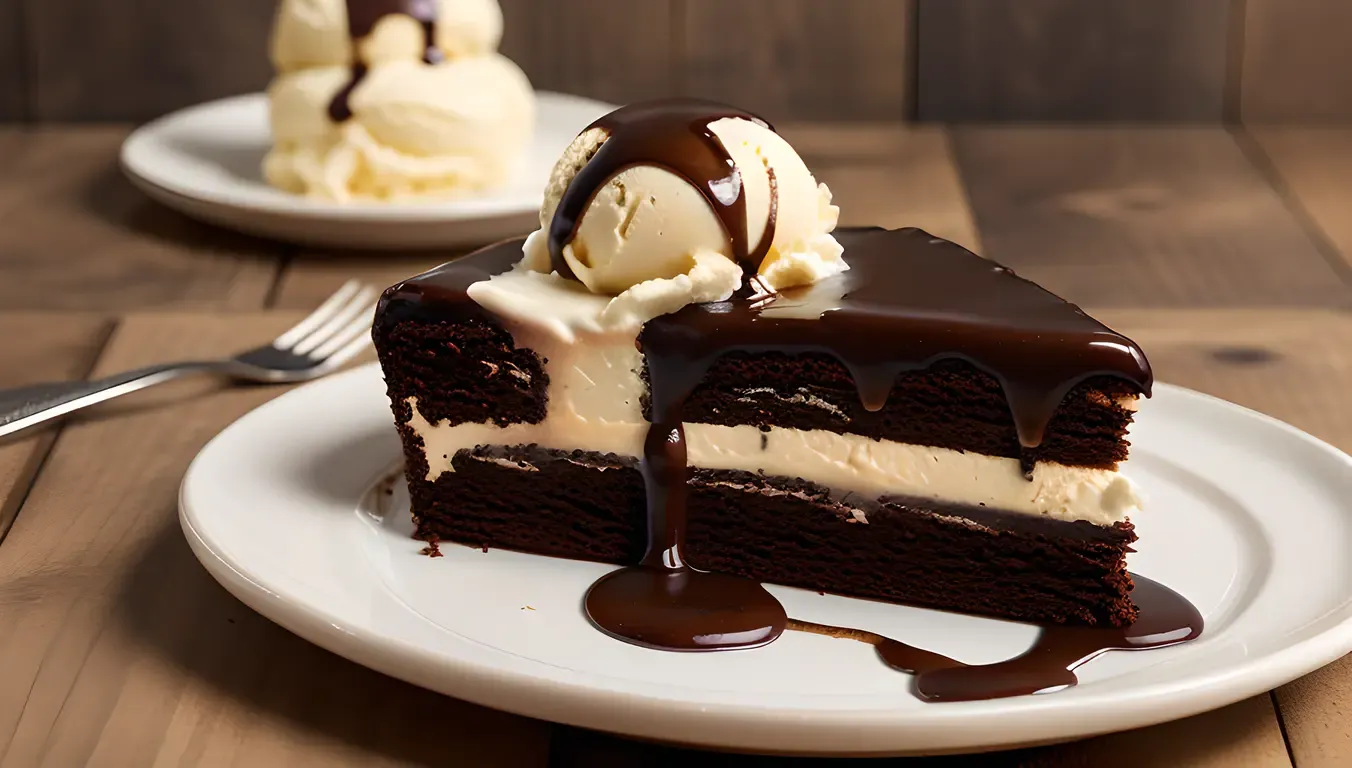 Black Forest Cake with Vanilla Ice Cream and Chocolate Sauce