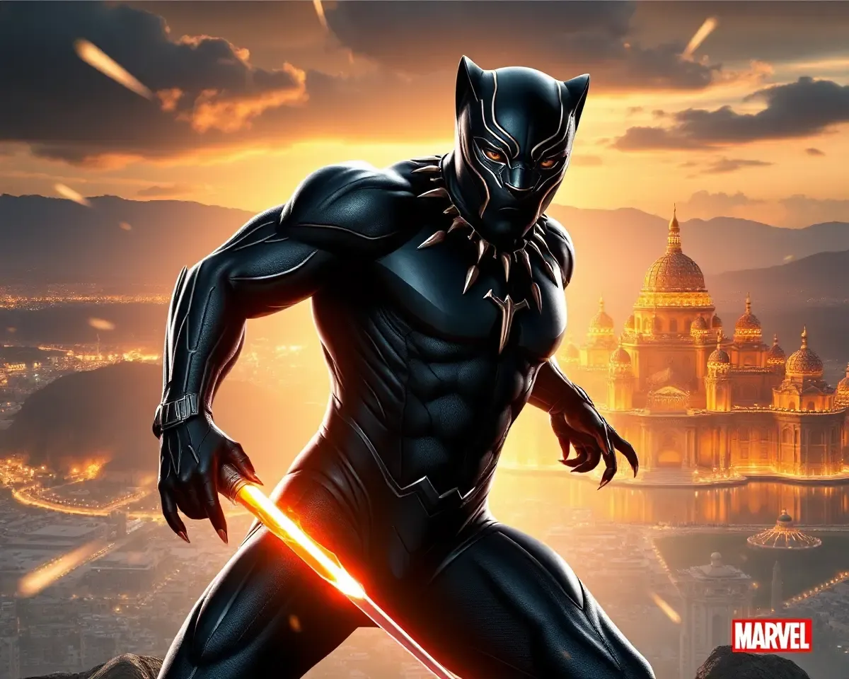 Black Panther's Powerful Pose with Golden City of Wakanda