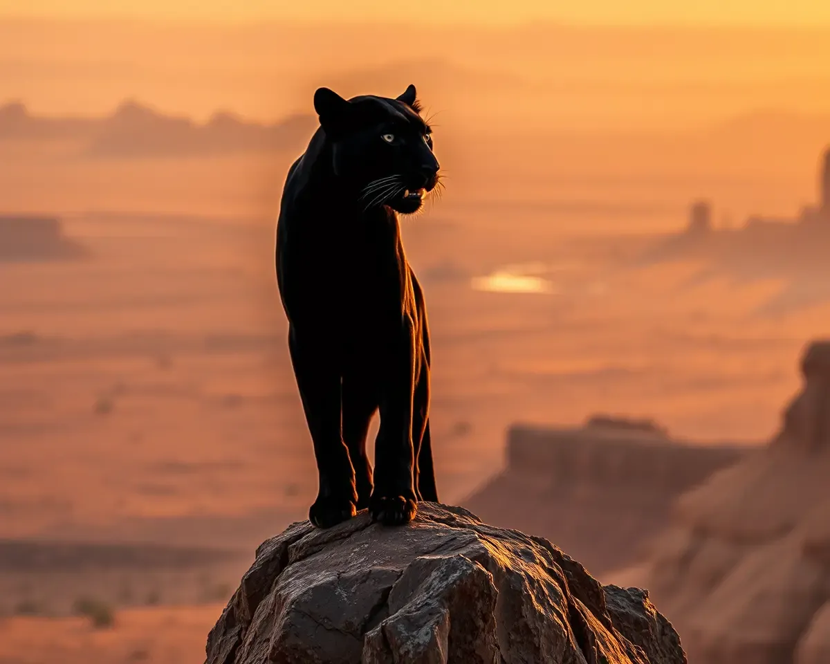 Black Panther Standing Tall in Desert Landscape 4K