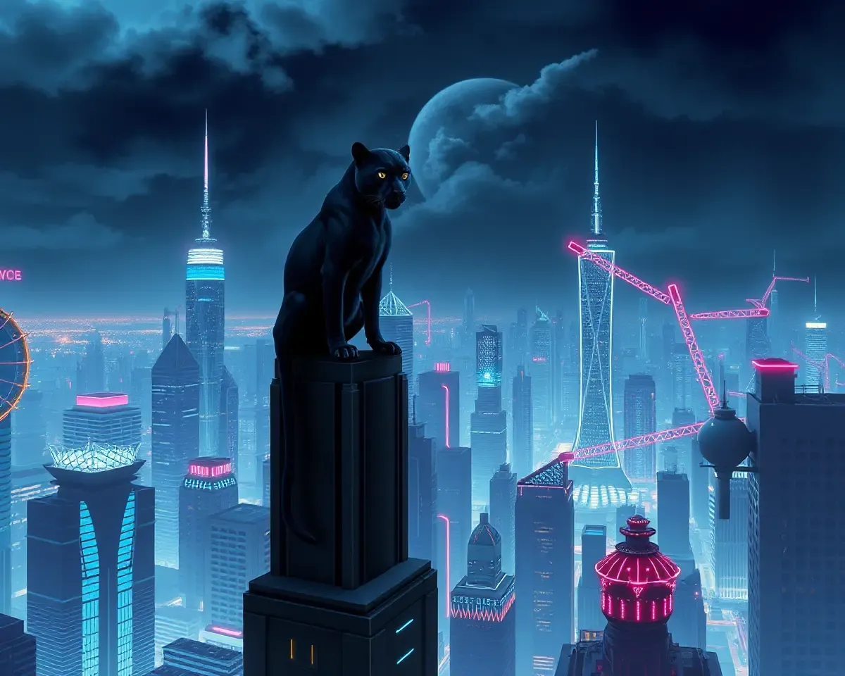 Black Panther Watches Over Futuristic City