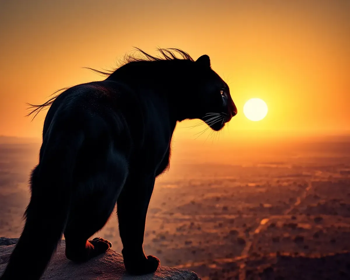 Black Panther on Cliff Edge at Sunset