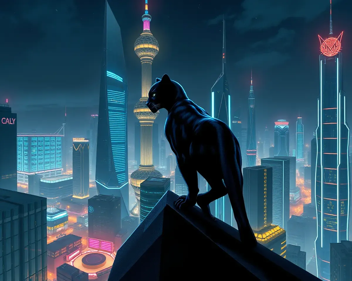 Black Panther on Rooftop of Futuristic City at Night