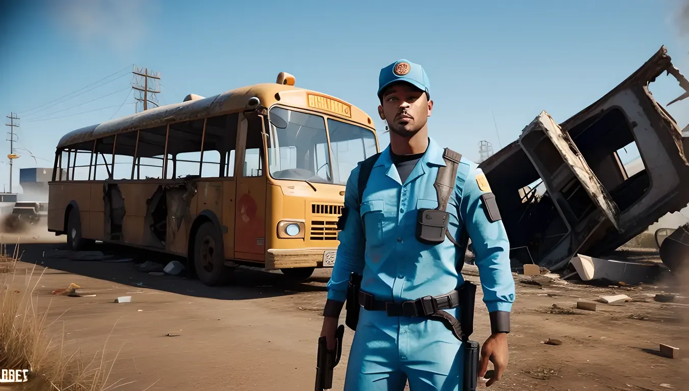 Blue-Clothed PUBG Player Stands Near Destroyed Bus