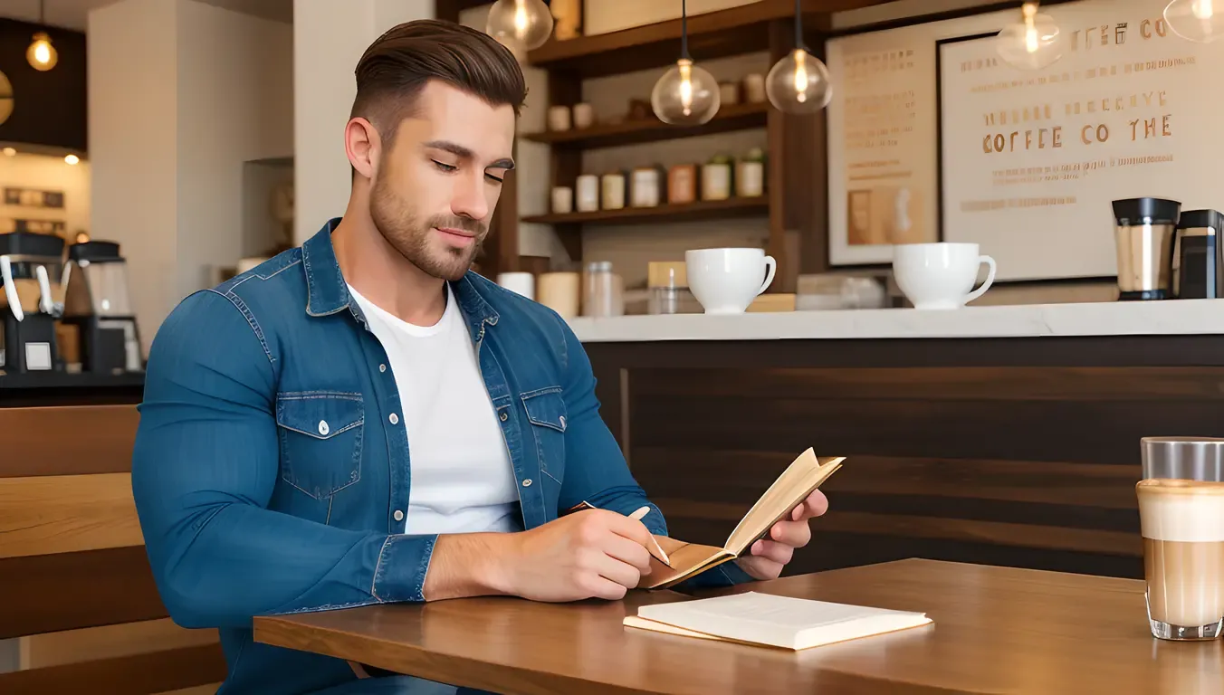 Bodybuilder Reads Book in Coffee Shop Photo