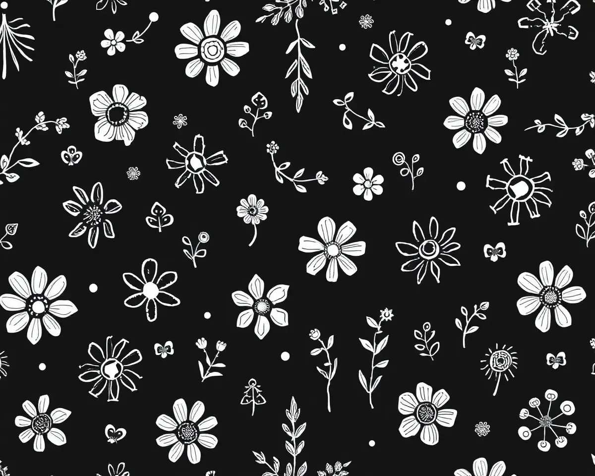 Bohemian Black Doodle Wallpaper with Floral Motifs Shapes