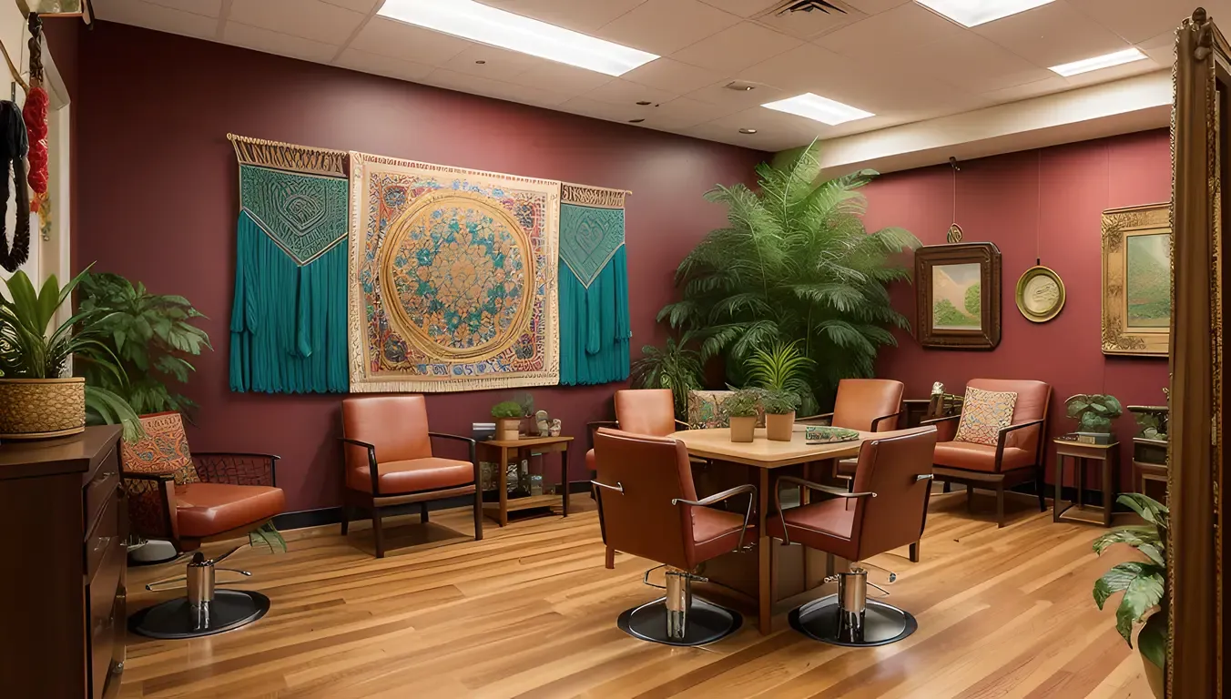 Bohemian Ladies Salon with Colorful Tapestries and Macrame Plant Holders