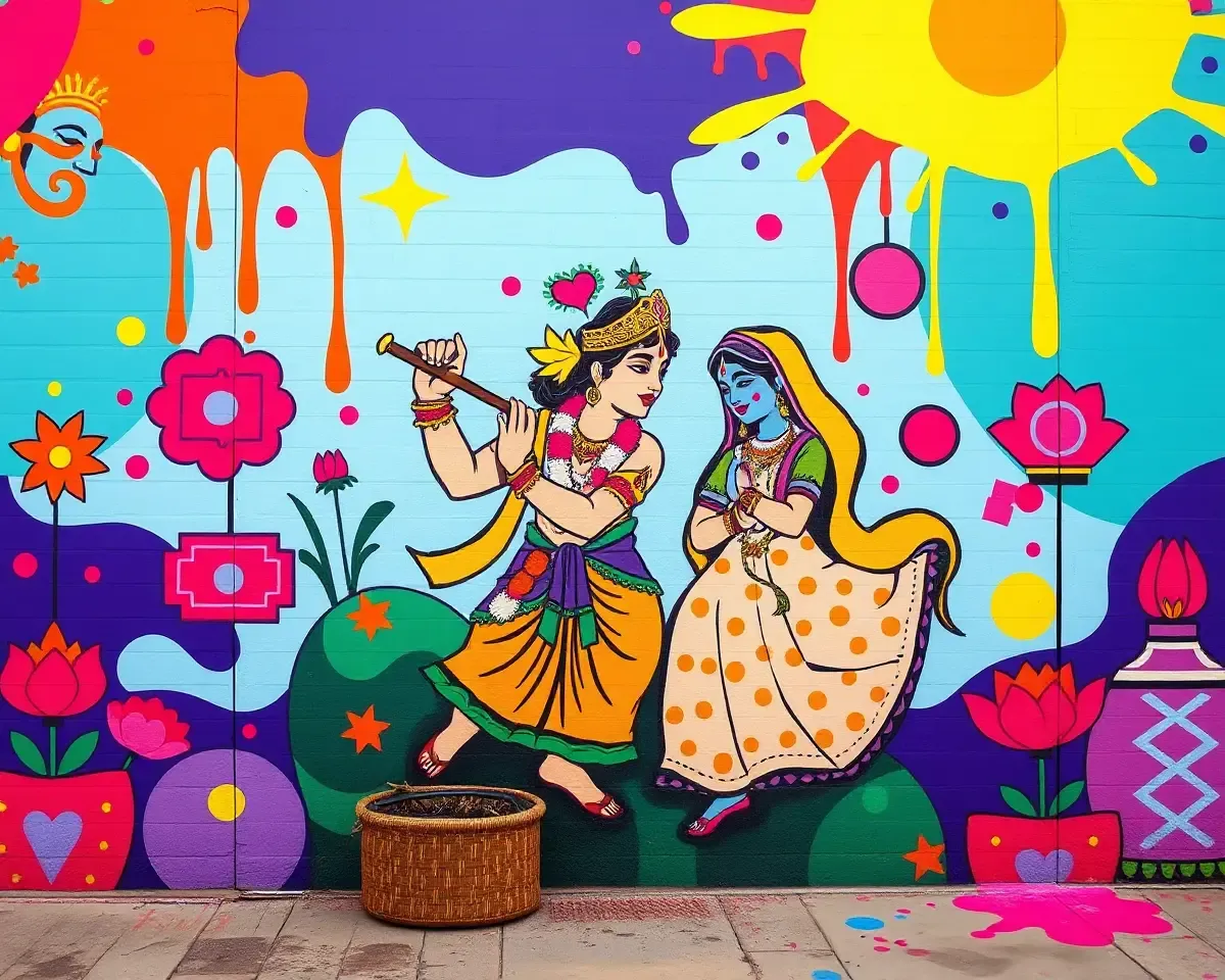 Bold Holi Mural Depicting Lord Krishna and Radha